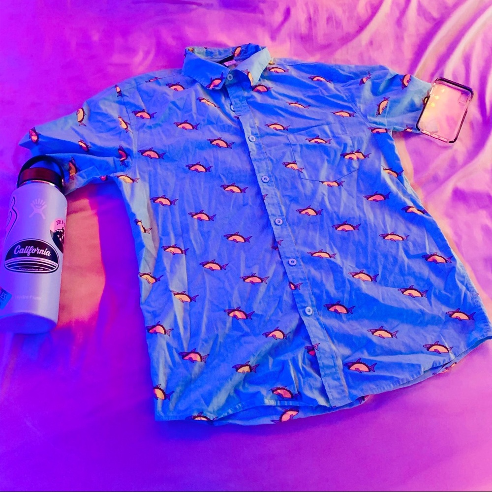 Fifth Sun turquoise shark taco button-down